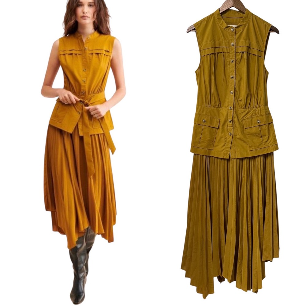 Anthropologie‎ Dress Womens M Utility Pleated Midi Asymmetrical Boho Chic Flowy